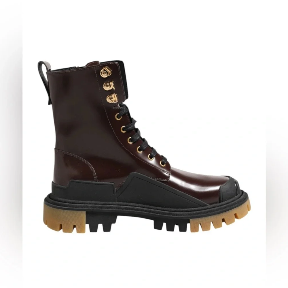 Dolce & Gabbana Brown Black Leather Boots Zipper Lace Up Men's Shoes